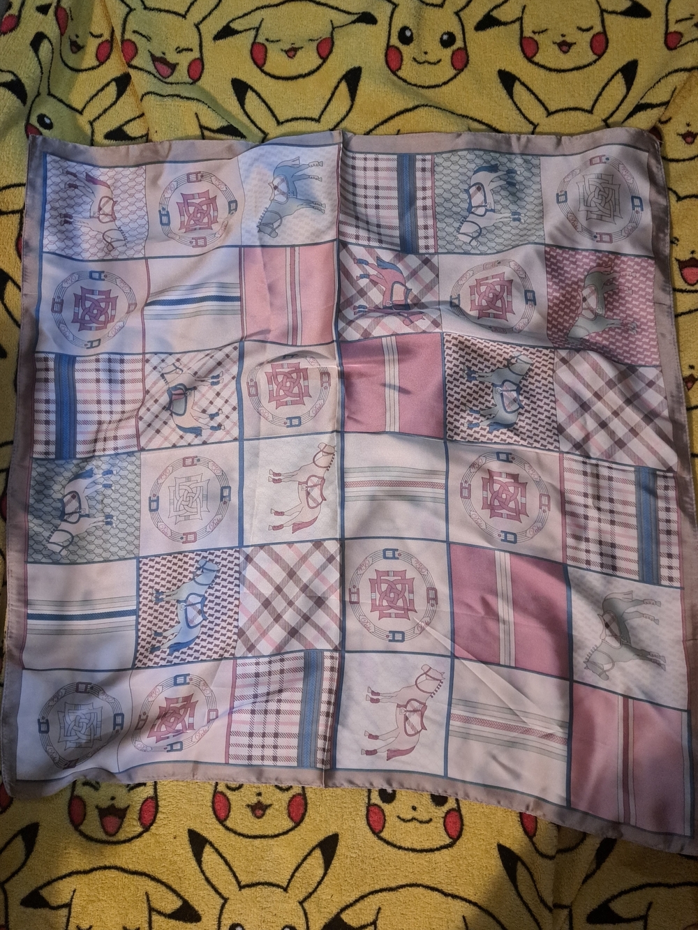 Satin Patchwork-Print Scarf in Pink and Blue